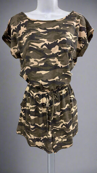 "KC" Olive Camo Back V Romper: Small