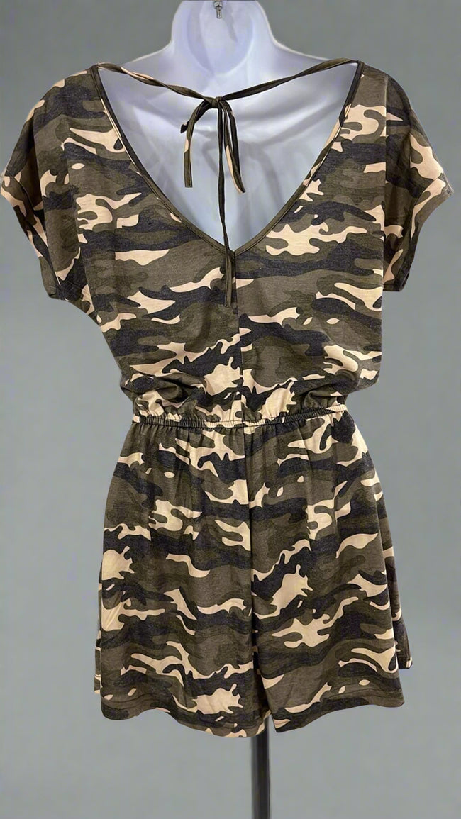 "KC" Olive Camo Back V Romper: Small