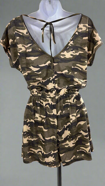 "KC" Olive Camo Back V Romper: Small