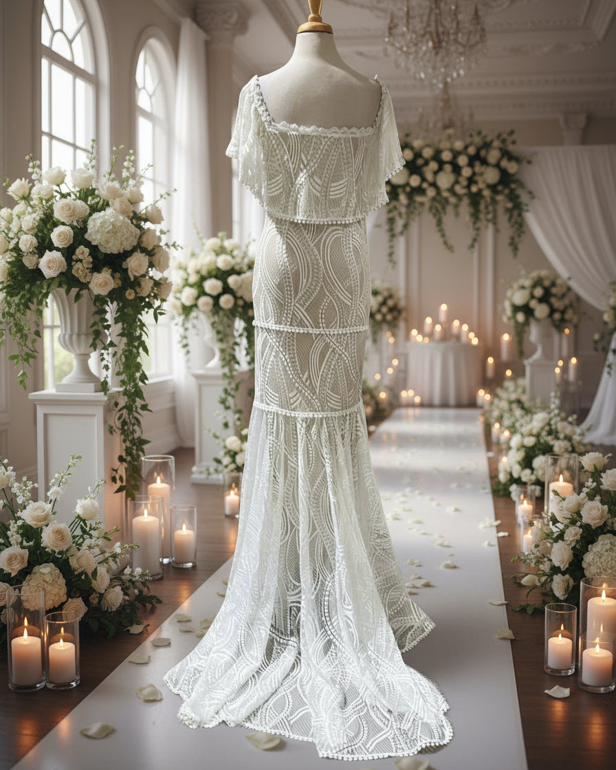 "KC" White Lace Over Ecra Maxi Dress With Chapel Length Train: Small