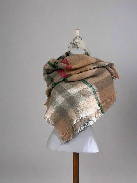 "KC" Gray and Peach Plaid Scarf: OS