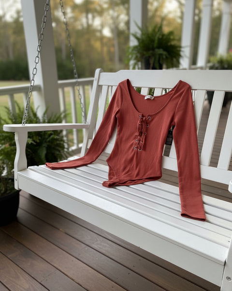 "KC" Rust Lace Up Bodysuit: Small