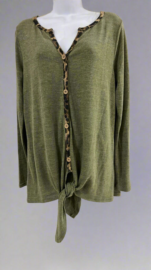 "KC" Olive Leopard Button Front Top: Large