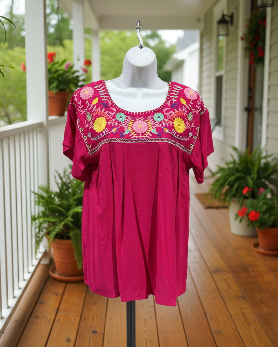 "KC" Hot Pink Mexican Embroidered Top: Small