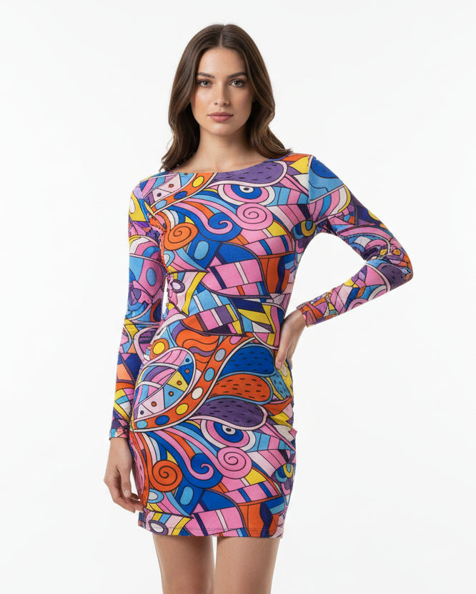 "KC" Groovy Print Scoop Neck Dress: Small