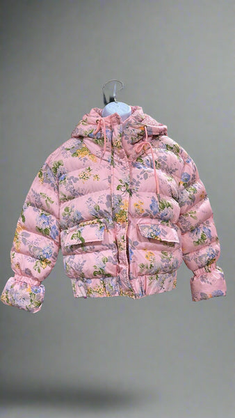 "KC" Pink Floral Puffer Jacket: Small