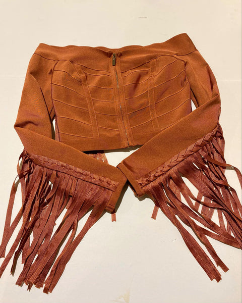 "KC" Wow Couture Rust Bandafe Fringe Crop Top Size: S