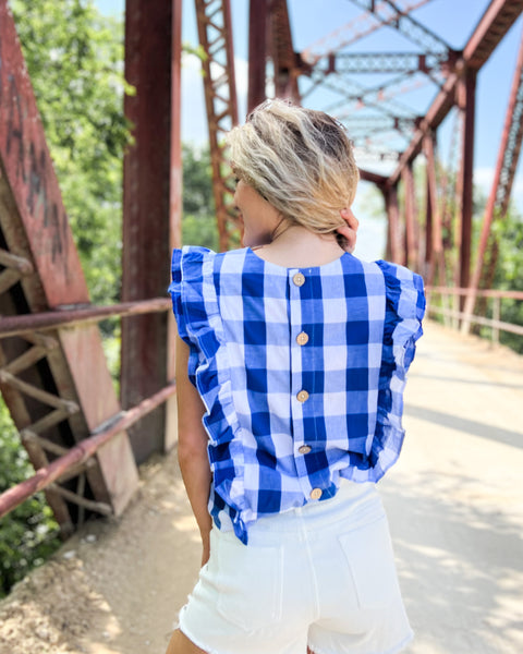 Amberlee Blue Checkered Ruffle Top - The Lace Cactus