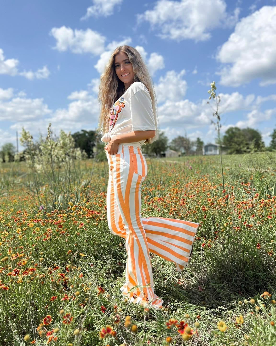 Papaya Striped Raw Hem Flare Jeans - The Lace Cactus