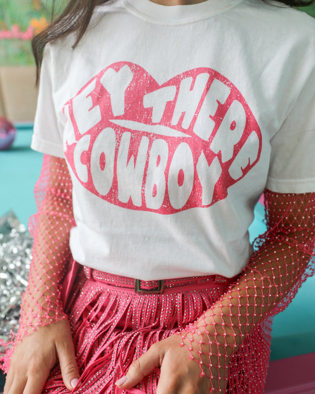 White and Pink "Hey There Cowboy" Graphic Tee - The Lace Cactus