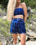 Royal Blue Studded Fringe Tube Top and Shorts Set - The Lace Cactus