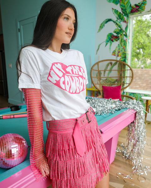 White and Pink "Hey There Cowboy" Graphic Tee - The Lace Cactus