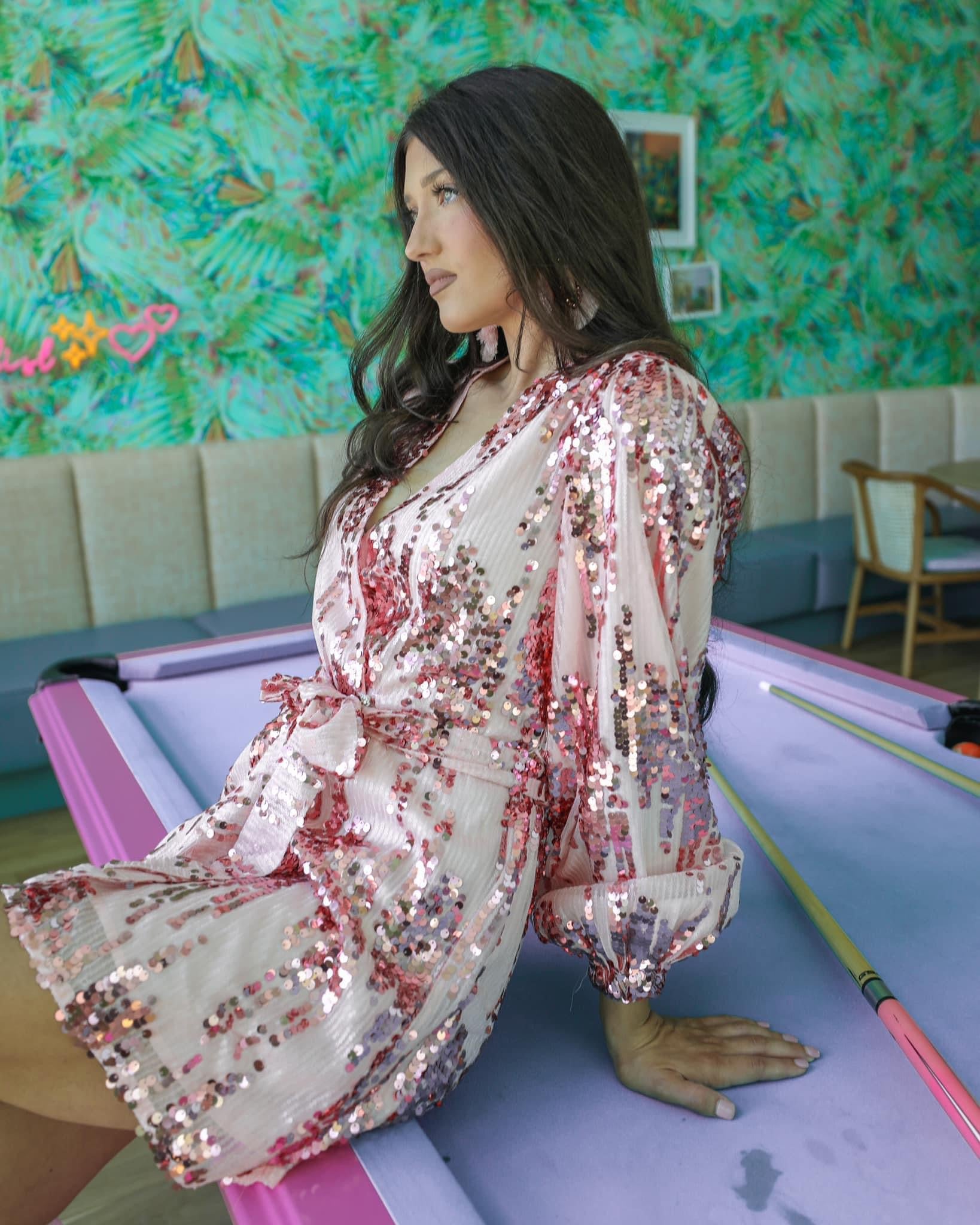 The Unforgettable Pink Sequin Wrap Dress - The Lace Cactus