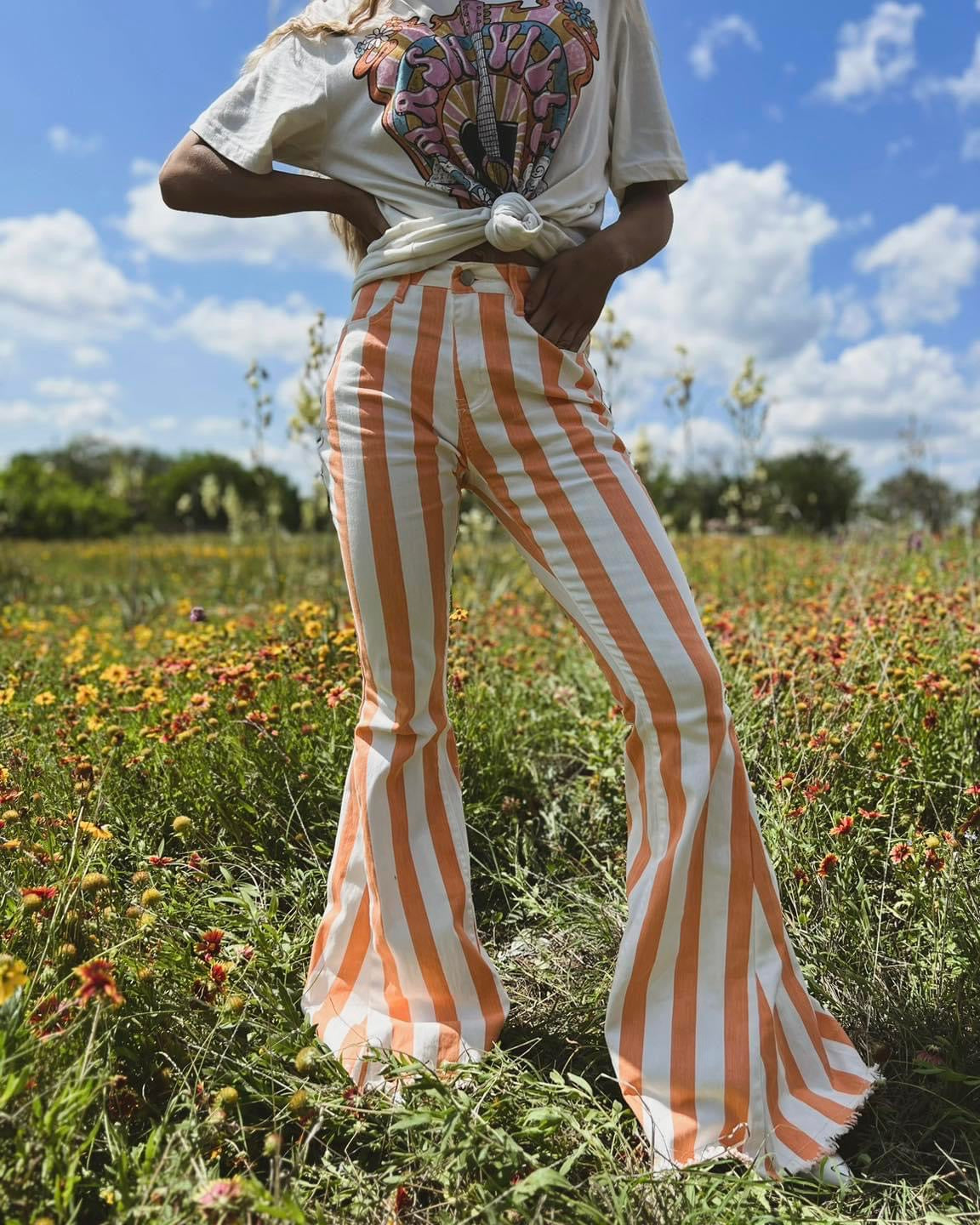 Papaya Striped Raw Hem Flare Jeans - The Lace Cactus