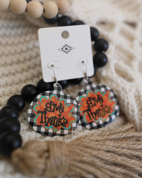 Black Plaid Pumpkin "Give Thanks" Earrings - The Lace Cactus