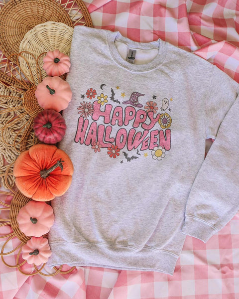 Ash Grey " Happy Halloween" Graphic Sweatshirt - The Lace Cactus