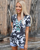 Carly Cow Print V-neck Tee - The Lace Cactus