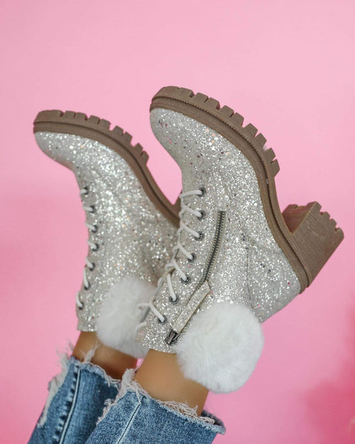 Blink Silver and Cream Glitter Fur Booties - The Lace Cactus