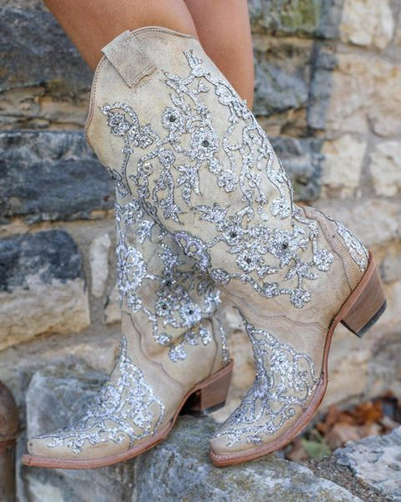 Corral Beige Embroidered Crystals + Studs Boots