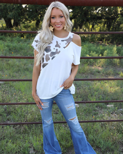 Carly Cool Cow Shoulder Tee - The Lace Cactus