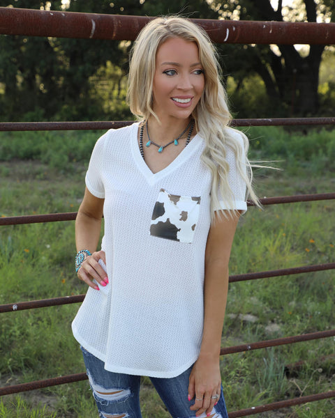 Cow Print V-Neck Waffle Knit Top - The Lace Cactus
