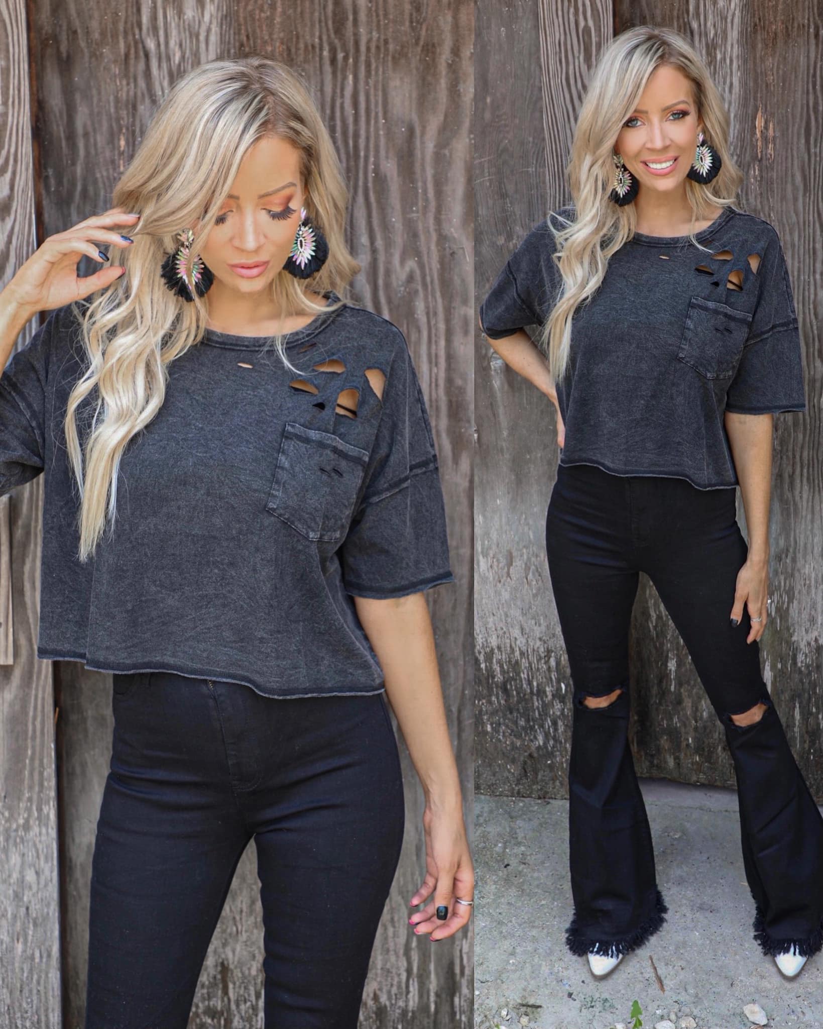 Daleyza Distressed + Oversized Black Crop Top - The Lace Cactus