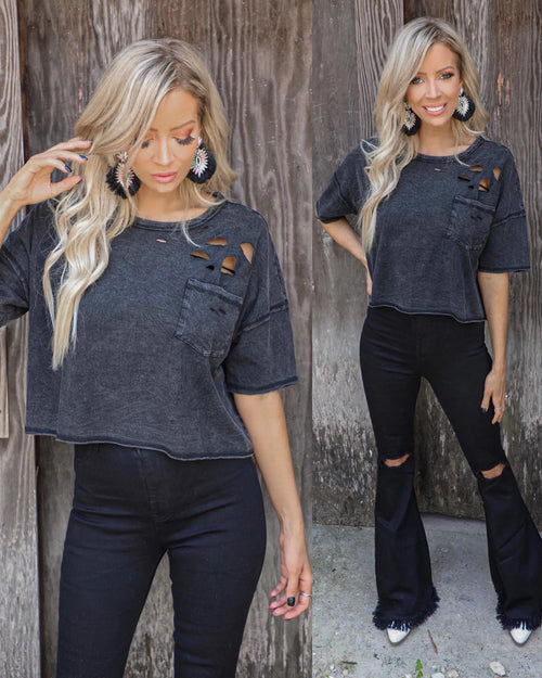 Daleyza Distressed + Oversized Black Crop Top - The Lace Cactus