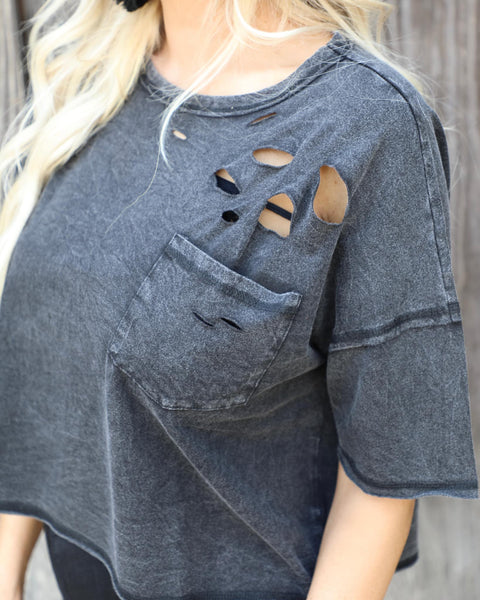 Daleyza Distressed + Oversized Black Crop Top - The Lace Cactus