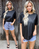 Let The Good Times Roll Black Faux Leather Tee - The Lace Cactus