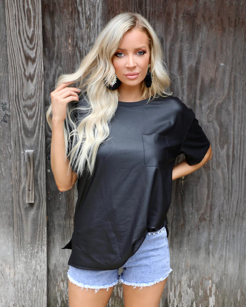 Let The Good Times Roll Black Faux Leather Tee - The Lace Cactus