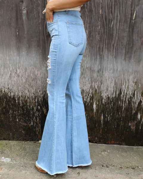 The Lyric Light Blue Ripped Flare Jeans | The Lace Cactus