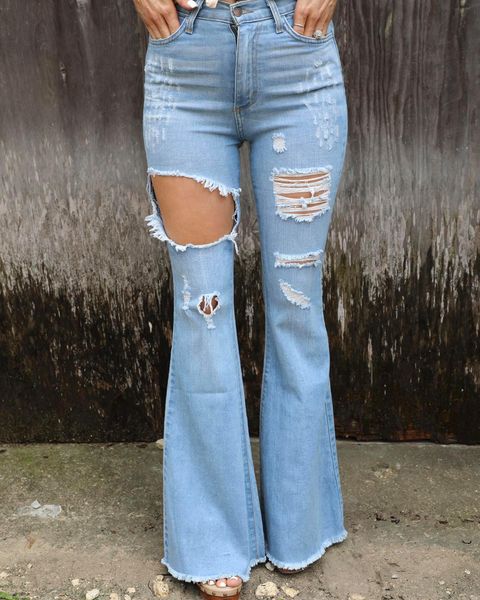 The Lyric Light Blue Ripped Flare Jeans | The Lace Cactus