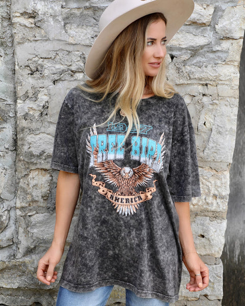 Black Mineral Wash "1987 Free Bird" Graphic Tee - The Lace Cactus