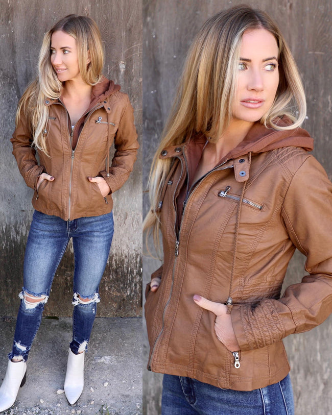 Brown Camel Hooded Faux Leather Jacket - The Lace Cactus