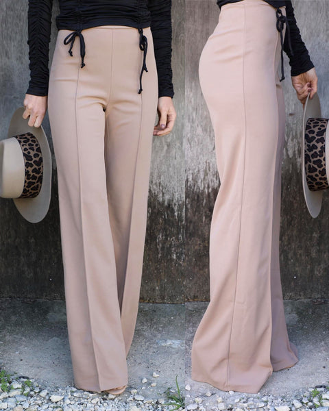 Taupe Wide Leg Pintuck Pants - The Lace Cactus