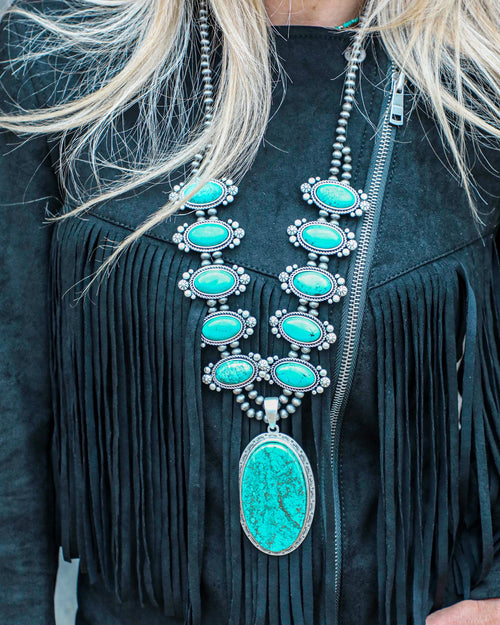 Talco Turquoise Oval Squash Blossom Necklace - The Lace Cactus