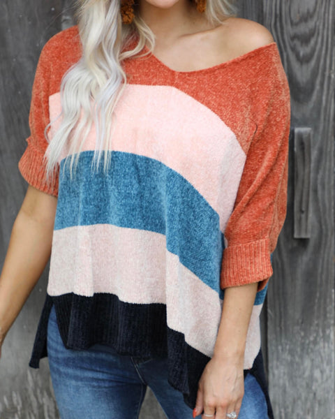 Rust, Pink +Blue Block Chenille Sweater - The Lace Cactus