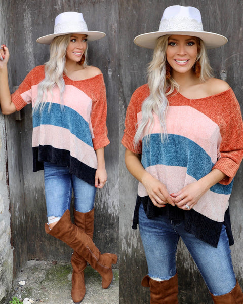 Rust, Pink +Blue Block Chenille Sweater - The Lace Cactus