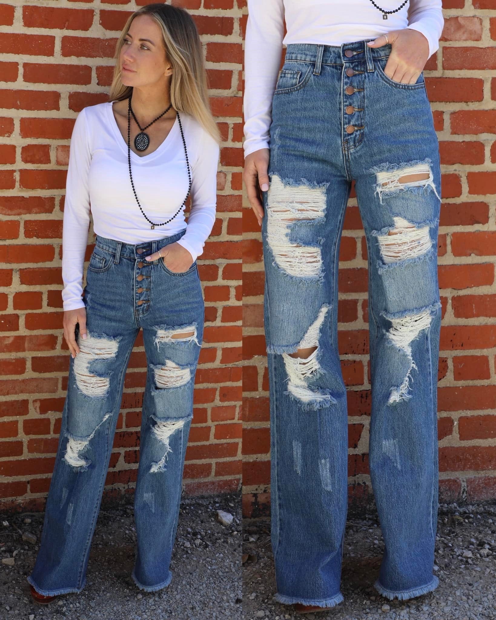 Medium Wash 5-Button Distressed Wide Leg Flare Jeans - The Lace Cactus