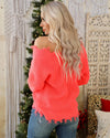 Neon Coral Frayed Hem Waffle Knit Sweater - The Lace Cactus