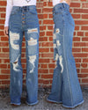 Medium Wash 5-Button Distressed Wide Leg Flare Jeans - The Lace Cactus