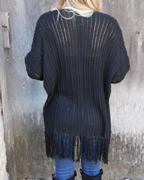 Black Ribbed Knit Fringed Dolman Cardgain - The Lace Cactus