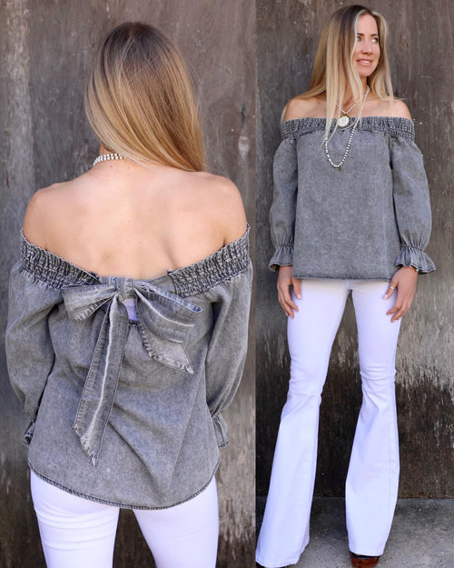 Gray Washed Out Off Shoulder Tie-Back Top - The Lace Cactus