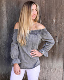 Gray Washed Out Off Shoulder Tie-Back Top - The Lace Cactus