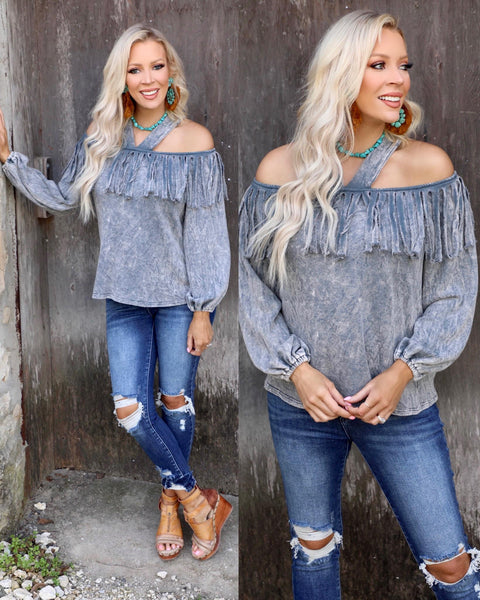 Gray Mineral Dyed Fringe Cold Shoulder Top - The Lace Cactus