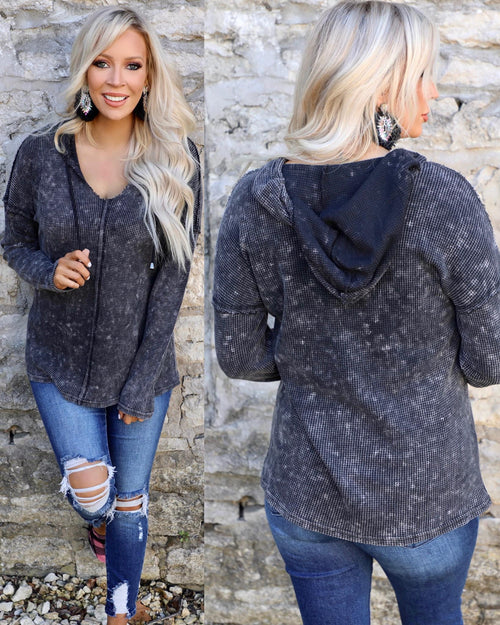 Black Mineral Washed Thermal Hoodie - The Lace Cactus