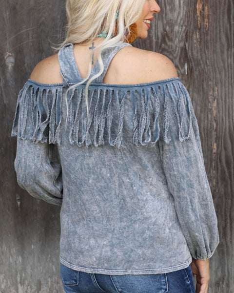 Gray Mineral Dyed Fringe Cold Shoulder Top - The Lace Cactus