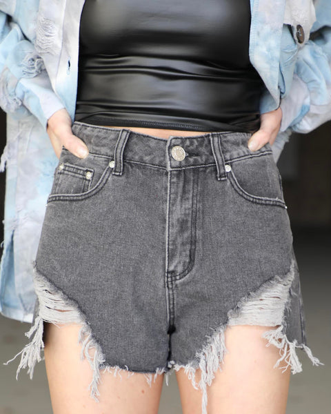 Black Denim Frayed Distressed Shorts - The Lace Cactus