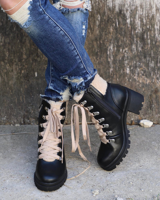 Buffed Black Lined Combat Boots - The Lace Cactus