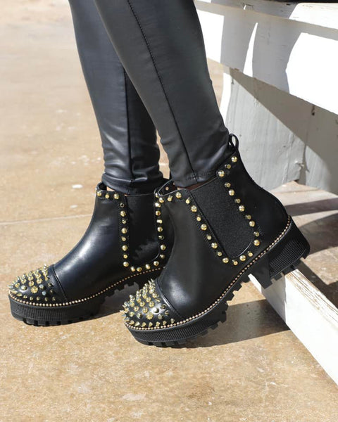 Black + Gold Spiked "Mud Tire" Booties - The Lace Cactus